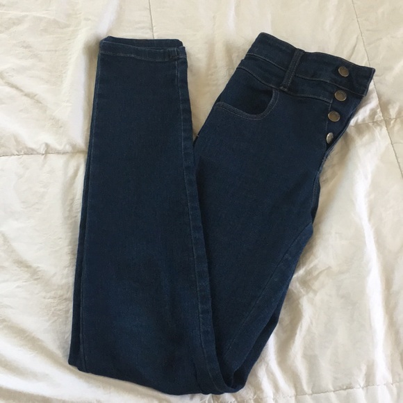 Denim - High waisted quadruple button skinny blue jeans